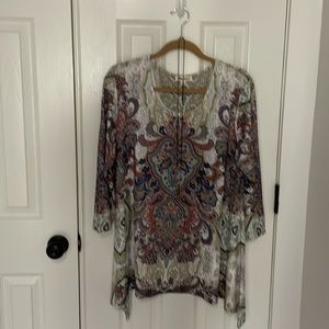 Multi color top with long necklace. Polyester and Spandex